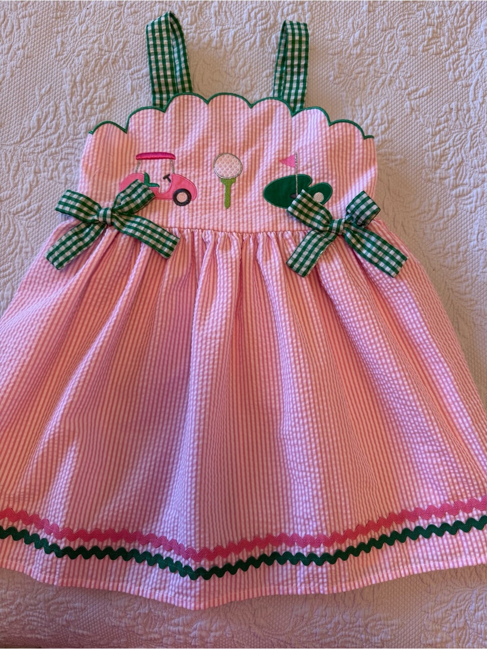 Goodlad Girls 4T Pink Seersucker Golf Dress Green Gingham Bows Appliqué NWOT
